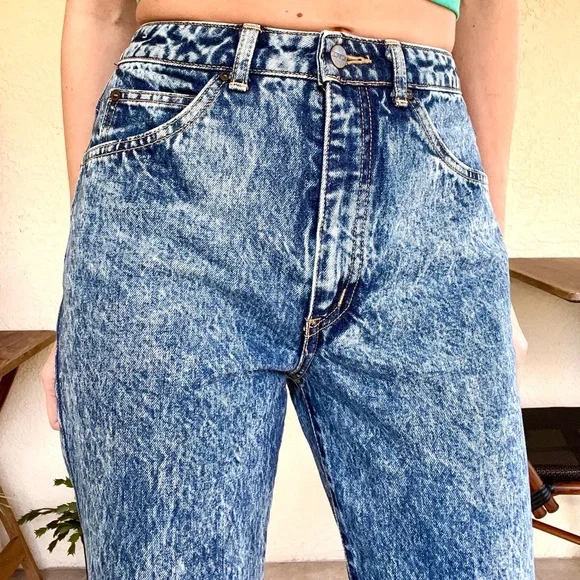 Vintage 80s EDWIN Acid Wash Blue Denim Jeans High Rise Straight Leg Raw Hem 32” - Picture 4 of 13